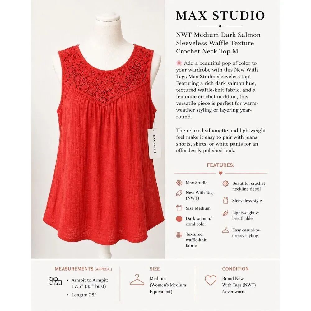 Max Studio NWT Medium Dark Salmon Sleeveless Waffle Texture Crochet Neck Top M B